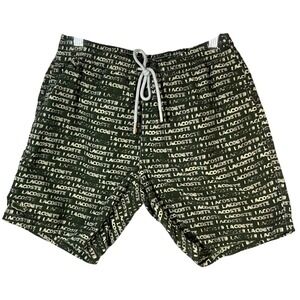 Lacoste Men's Green All Over Print Logo Swim Trunks Shorts Size S Drawstring